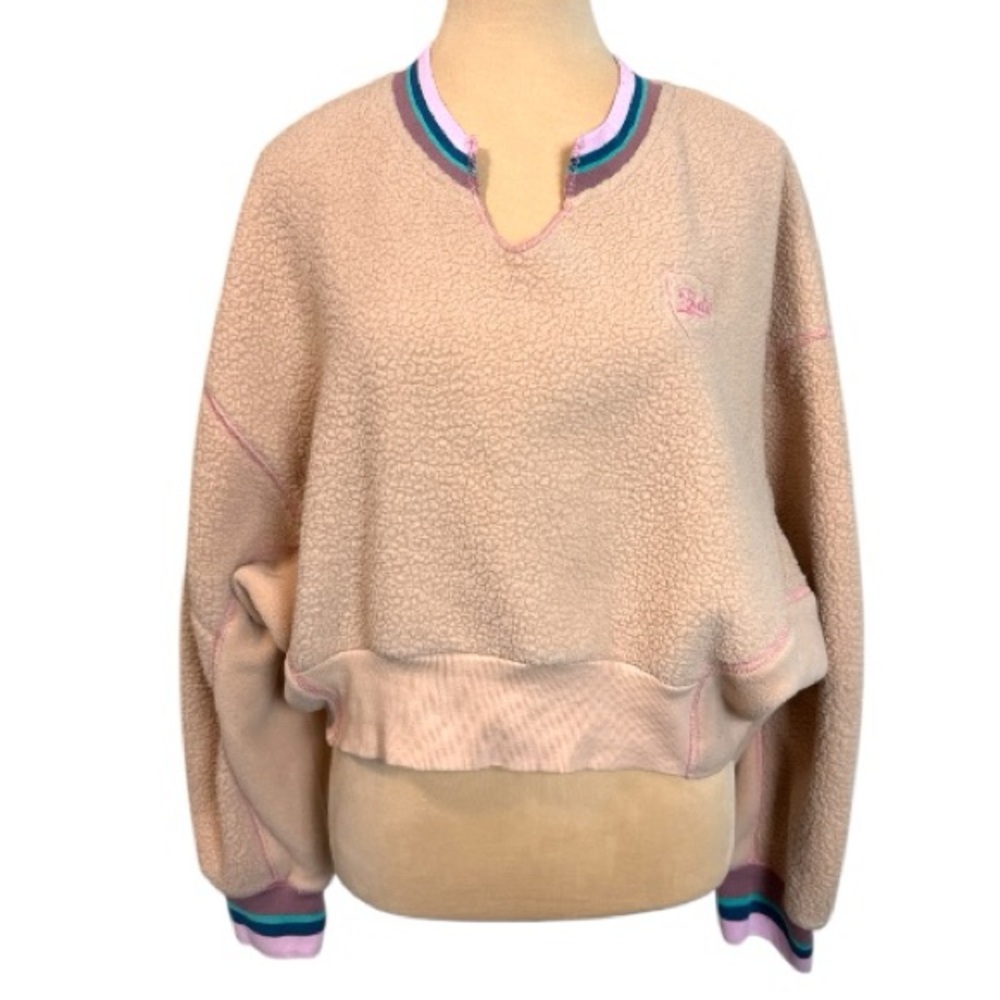 BDG Urban Outfitters Peach Fleece Cropped Pullover Striped Trim NWOT L